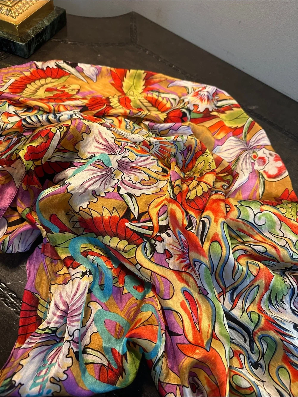 Vintage Ed Hardy  100% Silk Vibrant Multicolor Floral Silk Scarf 🧣